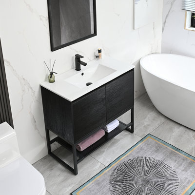 Ensemble de meuble-lavabo simple 36 po avec lavabo, robinet et structure en métal avec tablette ouverte Azai