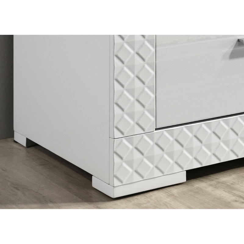Table de chevet contemporaine blanche ultrabrillante avec 2 tiroirs en métal, glissières latérales, quincaillerie et poignées de bar pour la table de chevet revigorée