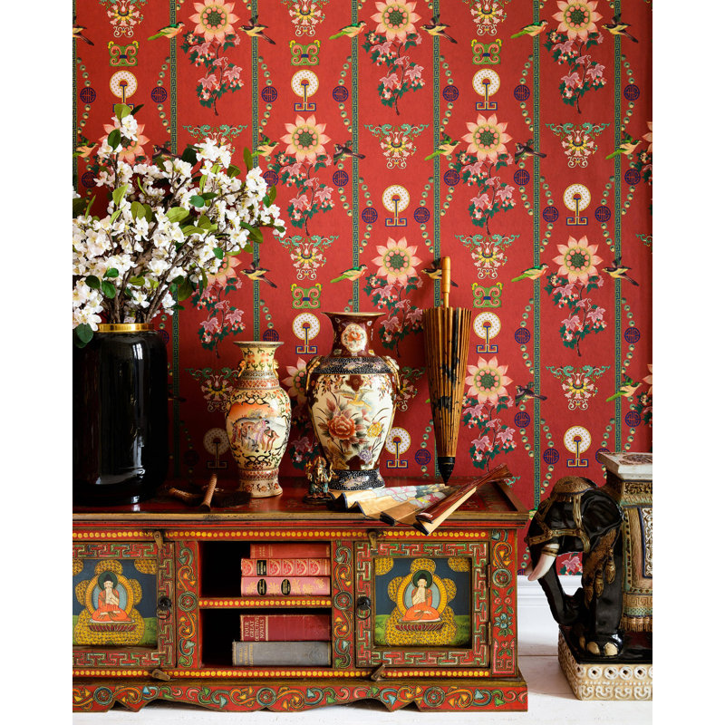 Chinese Garden Floral Wallpaper Roll, Absinthe Green/Pink/Yellow