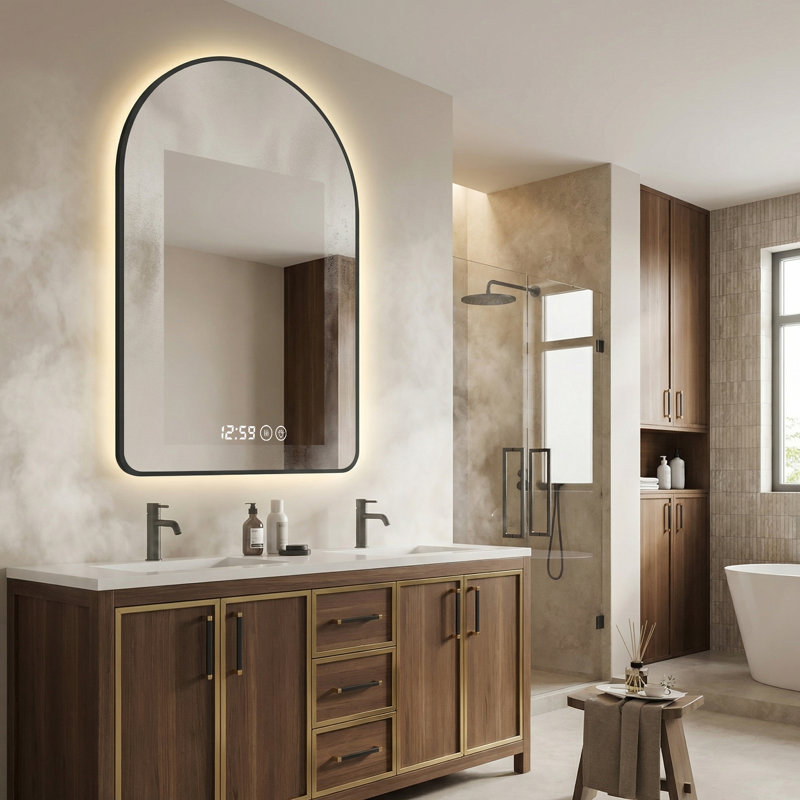 Miroir de salle de bain 28 po x 48 po à DEL noir arqué avec affichage de l'heure et de la température, antibuée et intensité variable