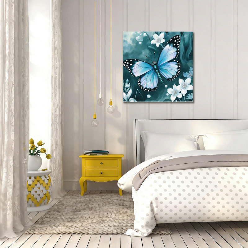 Papillon bleu avec fleurs blanches, cadre en bois intégré, 16 x 16