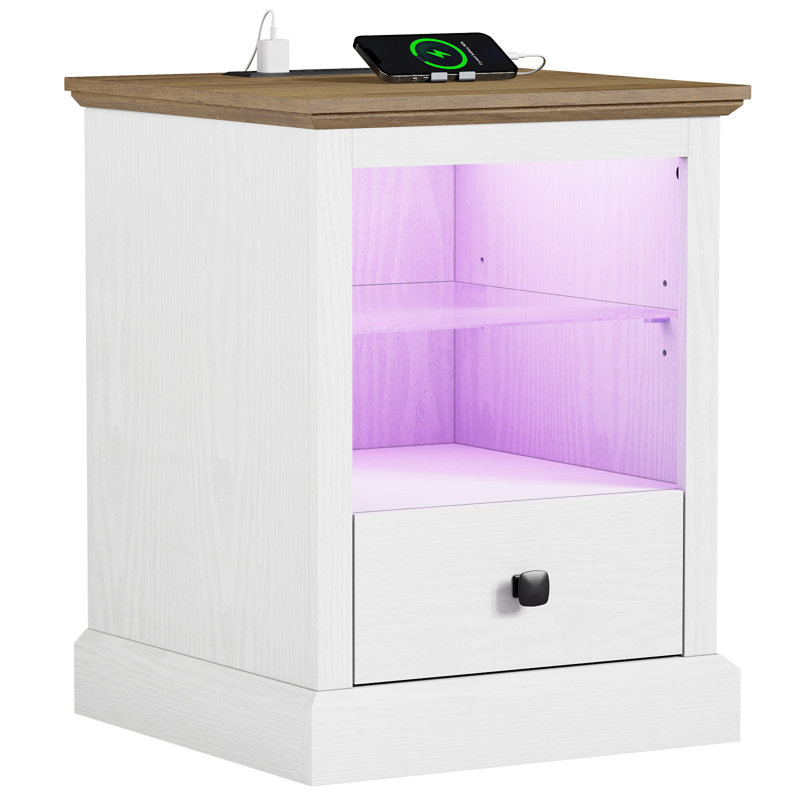 Pikne 24"Tall 1-Drawer LED Nightstands with Storage and Built-In Outlets, White / Brown