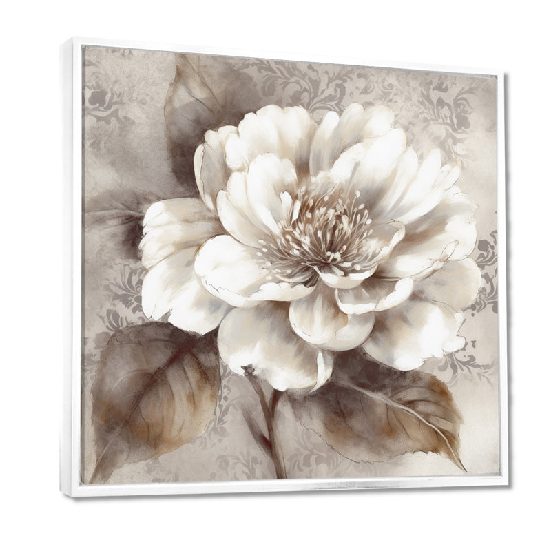 Pivoines grises sur branche III - pivoines, art mural sur toile, H 16 po x l 16 po x P 1 po, Cadre flottant blanc