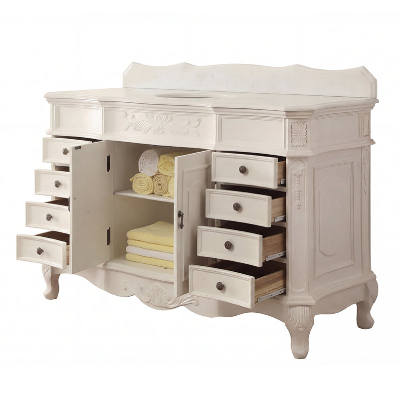 56 Inch Morton Antique Style White Single Sink Bathroom Vanity with White Quartz Top