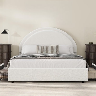Base de lit grand format avec 2 tiroirs de rangement. Base de lit plateforme douce et rembourrée avec tête de lit ronde. . Lattes en bois. Sans bruit. Aucun sommier tapissier requis. Blanc