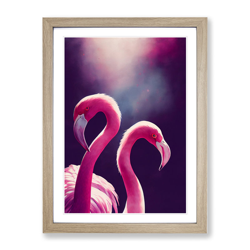 Two Flamingos - Framed Print, 34cm H x 25cm W x 2cm D, Oak Framed