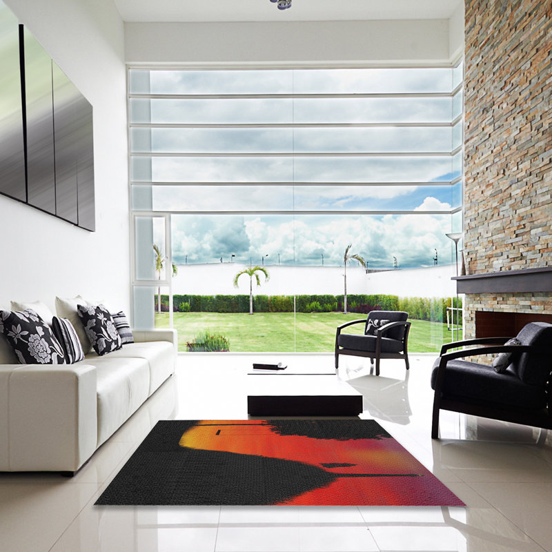 Tapis noir/rouge/orange tissé à la machine, Carré 3 pi