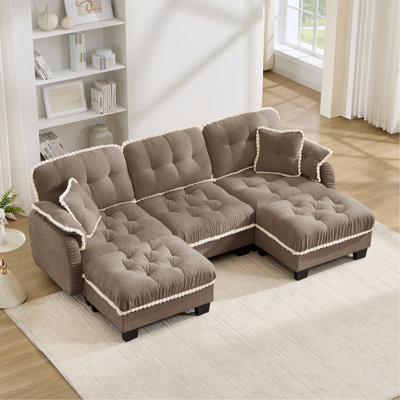 Canapé en forme de U en chenille avec 4 coussins, repose-pieds mobile à garniture pom-pom capitonnée, conception ergonomique, canapé à assise profonde facile à assembler pour le bureau du salon, appartement, brun