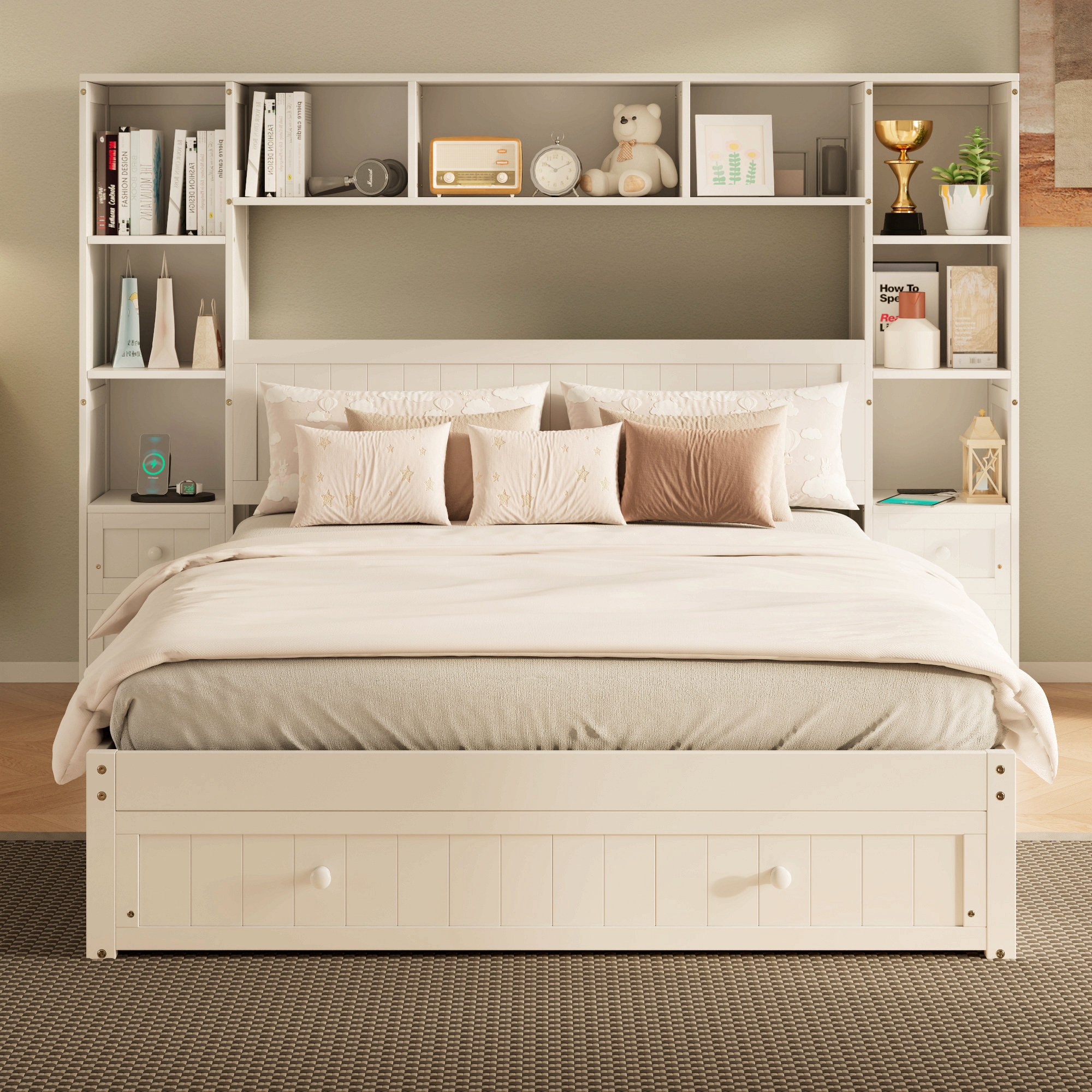 Red Barrel Studio® Pine Wood Platform Bed With All-In-One 2 Nightstand ...