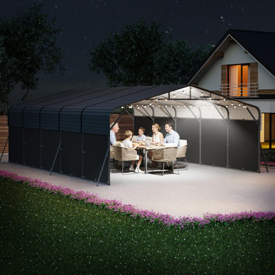 20x25FT LED Metal Carport with Dark Gray Removable Sidewalls – Heavy Duty Portable Garage for Trucks & Boats – Galvanized Steel Roof & Reinforced Base Outdoor Shelter