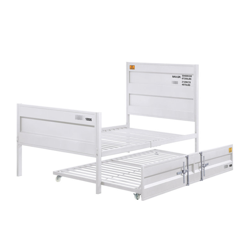 Contemporary Bedroom White Twin Bed With Metal Elements And Headboard Slat For Industrial Design, White