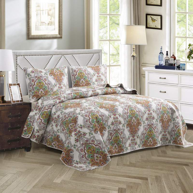 Cotton Damask Quilt, King Quilt + 2 Shams