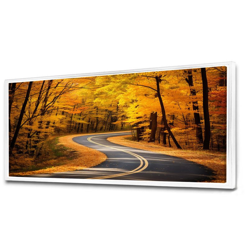 «Golden Road Into The Autumn Forest II - Road», art mural, Cadre flottant blanc, H 28 po x l 60 po x P 1,5 po