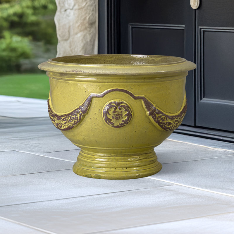 Anduze French Yellow Ceramic Round Planter with Drainage Hole, 20" H x 27" W x 27" D