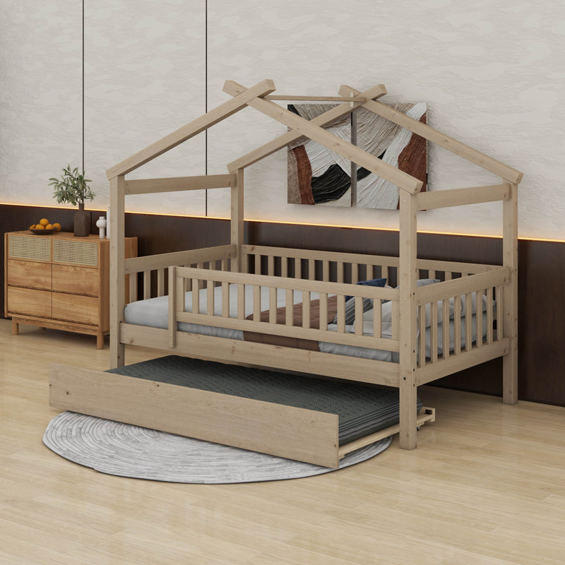 Wooden House Bed with Trundle, Twin, Oak