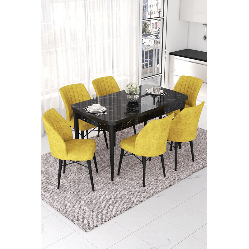 Ensemble de table et chaises de salle à manger extensible Modern (7 pièces), marbre noir et moutarde | Structure en bois massif à 100% avec pieds en bois, structure de chaise en métal | Table: 44,9 po x 30,7 po x 27,6 po (extension: 56,7 po) | Chaises confortables avec 22 dossiers en mousse et 28 sièges en mousse