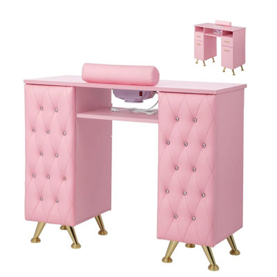 Élégant bureau de manucure rose avec décor de diamant, collecteur de poussière et repose-poignet