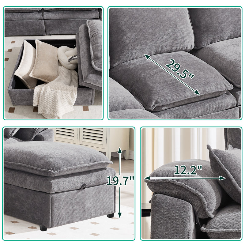 130'' 4-Seat Chenille Sectional With Four Ottomans, Light Gray Chenille