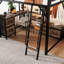 Lit mezzanine double en métal avec bureau et rangement, lumières DEL équipées, garde-robe sécuritaire pour station de charge, tablettes de rangement, pour chambre à coucher