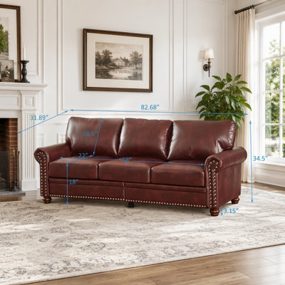 Burgundy 3-Seater Faux Leather Sofa with Nailhead Trim