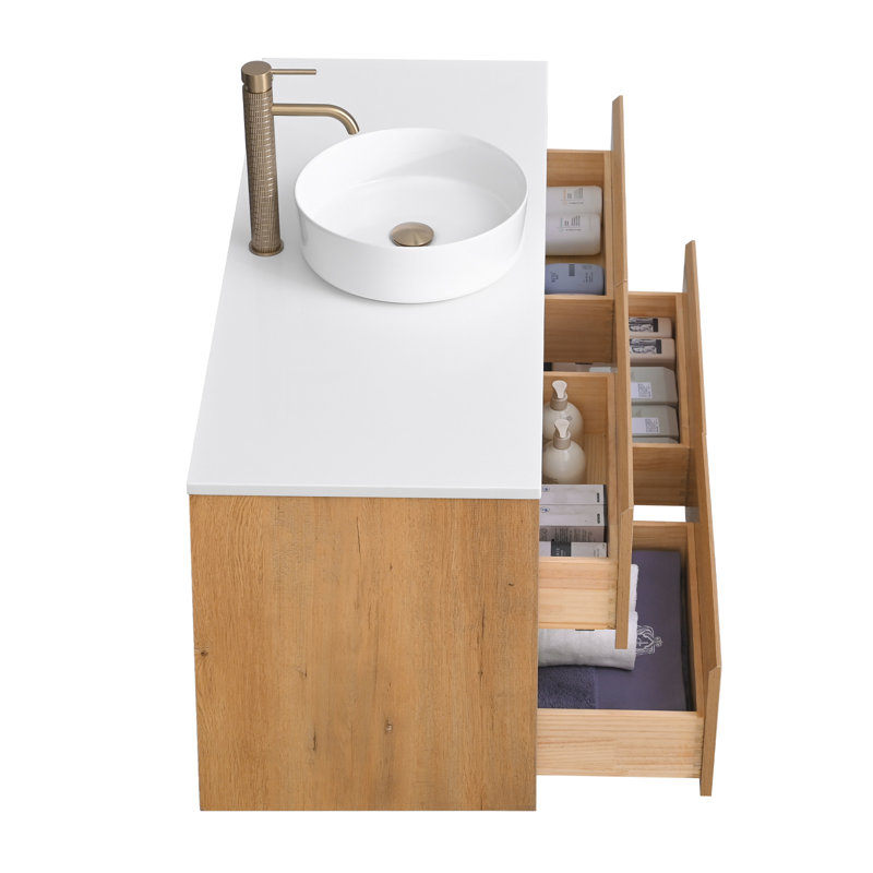 Meuble-lavabo mural moderne avec lavabo vasque et 2 tiroirs Modern, Rond, 48