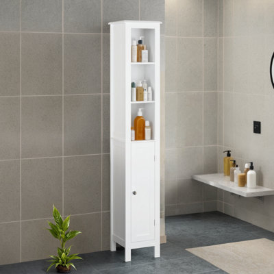 Armoire de rangement mince et autoportante à une porte avec tablettes réglables et compartiments ouverts, idéale pour les petits espaces à la maison et dans les salles de bain, les cuisines et les salons afin de répondre aux besoins de rangement.