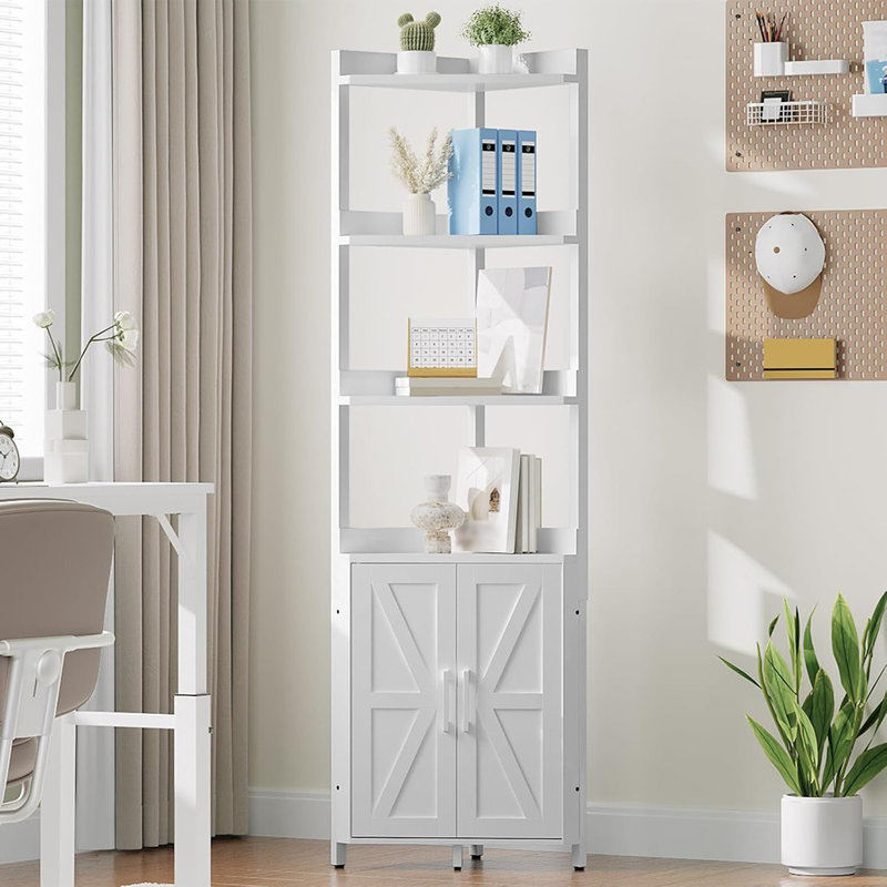 Grande étagère d'angle à 5 niveaux avec rangement, blanc, support de bibliothèque avec clôture de protection, armoire de rangement d'angle pour le salon