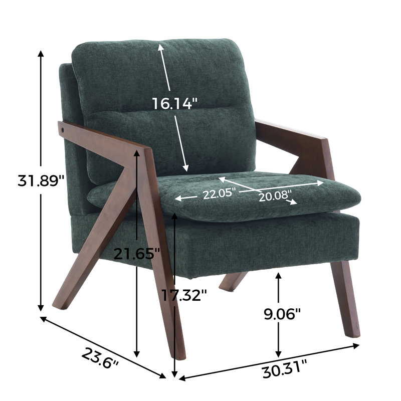 Mid Century Modern Upholstered Chenille Solid Wood Accent Armchair, Green