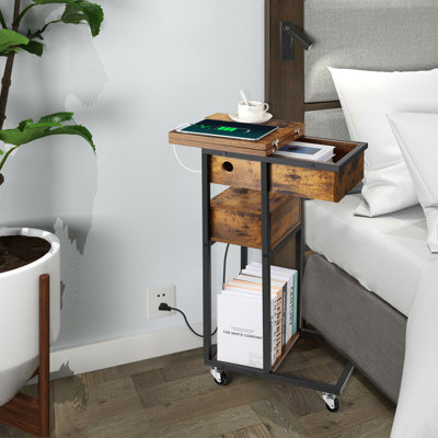 Table de bout en C avec station de charge - Table d'appoint peu encombrante avec ports USB, prises et tiroir