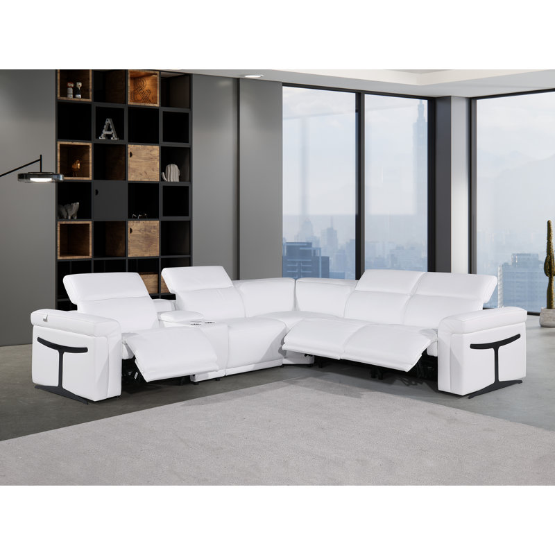 Canapé modulaire inclinable électrique en cuir italien 6 pièces Suhur, Cuir véritable blanc
