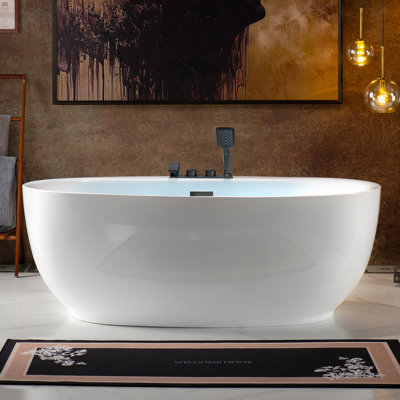 WOODBRIDGE 66" Acrylic Freestanding Double-Ended Soaking Bathtub & Deck-Mounted Faucet Set (Drilling Needed) 
