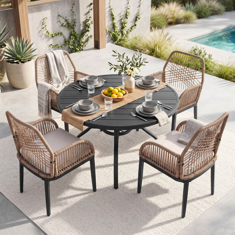 Ensemble de salle à manger pour patio en métal avec trou de parasol et coussins à fermeture à glissière, Round, 4