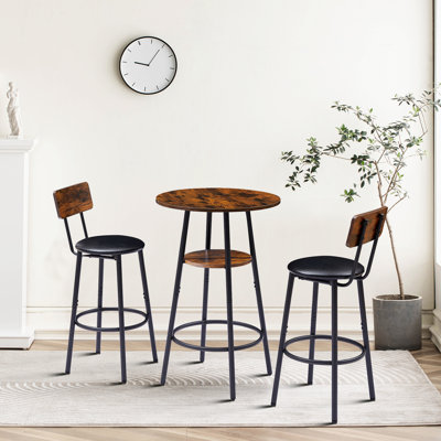 Tyshelle Compact 3-Piece Dining Set, A Round Table With A Storage Shelf + 2 Dining Chairs With PU Seat Cushions