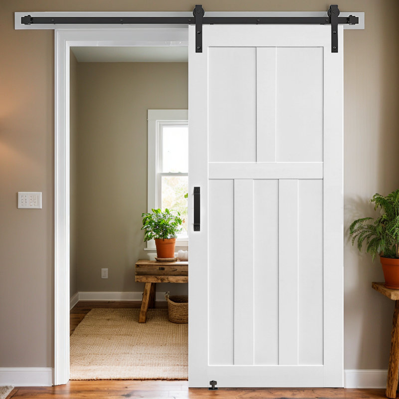 Modern 84" Five Panel Real Primed Door Slab with 6.6FT Sliding Hardware, Adjustable Floor Guide, Moisture-proof - Easy DIY Installation & Double-Layer Packaging Protection
