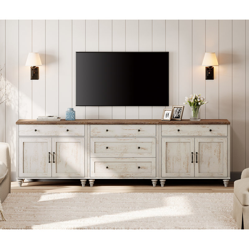 TV Stand For 100 Inch TV, 3-In-1 TV Console Table For 75/80/85/90 Inch TV, Entertainment Center With 5 Drawers And 4 Doors, Rustic White