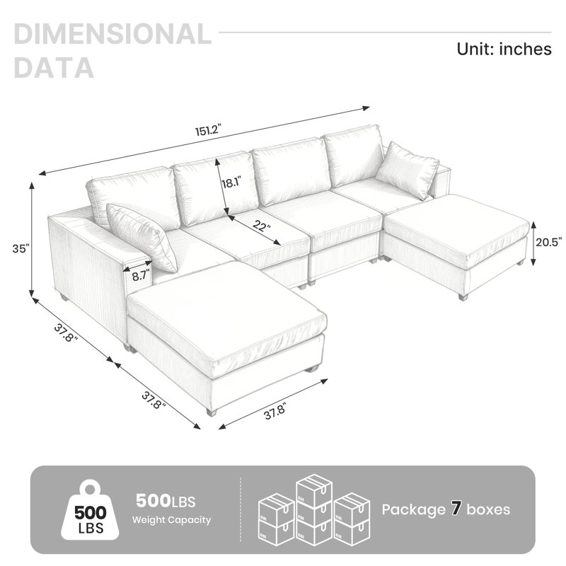 Canapé d'angle rembourré avec 2 repose-pieds, Lin noir, H 26 po x l 151,1 po x P 37,8 po