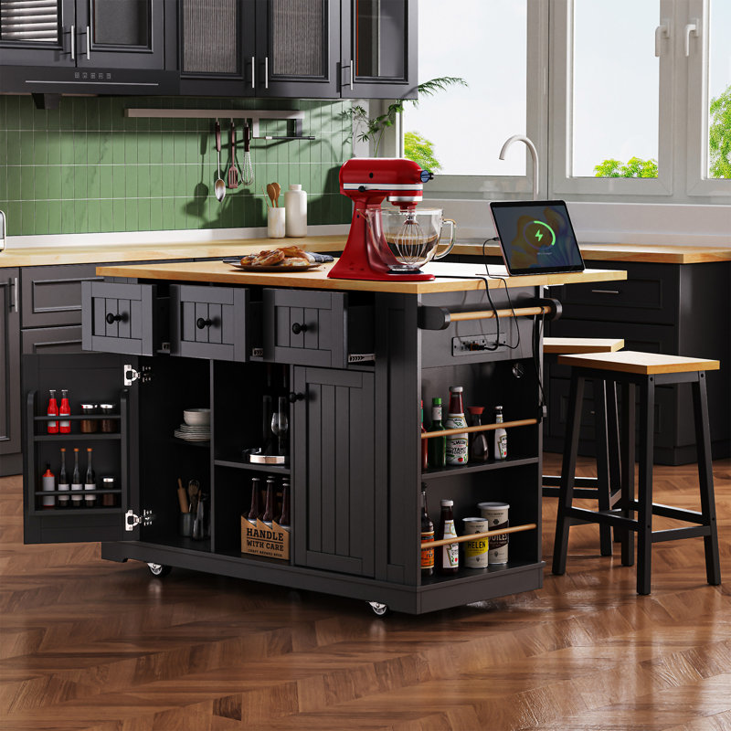 Grand îlot de cuisine de 53 pouces avec 2 tabourets de bar, Black