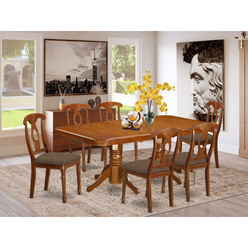 7 Piece Set Consist of a Rectangle Kitchen Table with Butterfly Leaf and 6 Linen Fabric Chairs, Saddle Brown