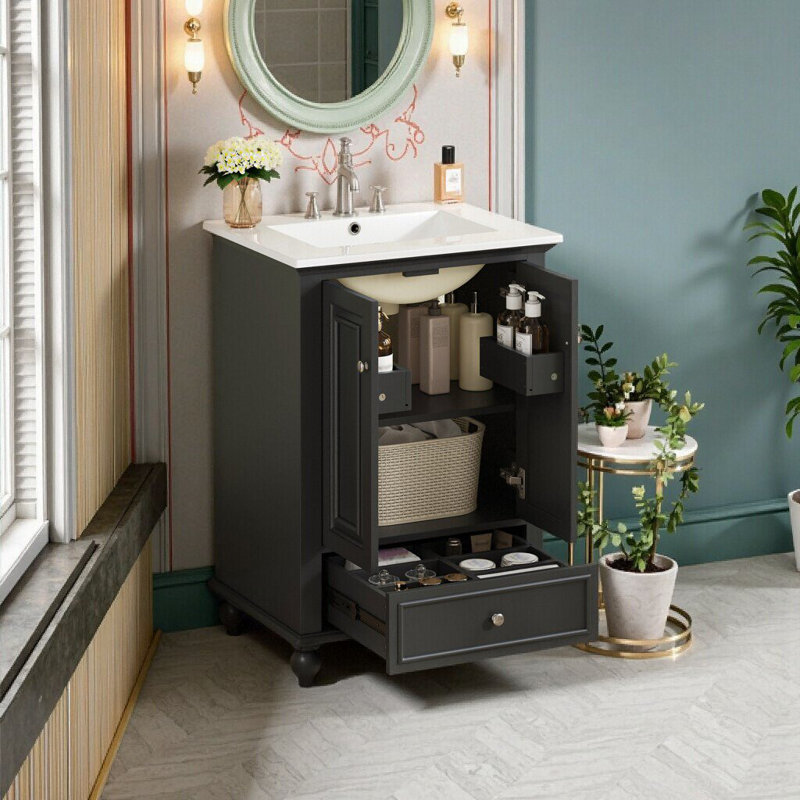 Meuble-lavabo 24 po avec lavabo en céramique et armoire de rangement, Noir