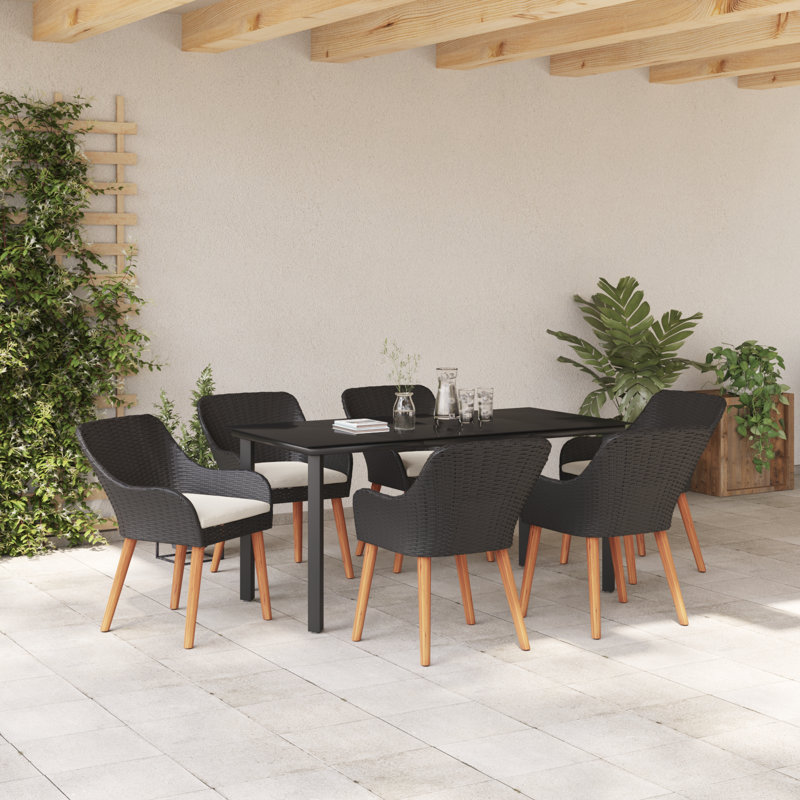 vidaXL Garden Dining Set with Cushion 7 pcs Black Poly Rattan, 6, Black/Cream, 29.1" H x 63" W x 31.5" D