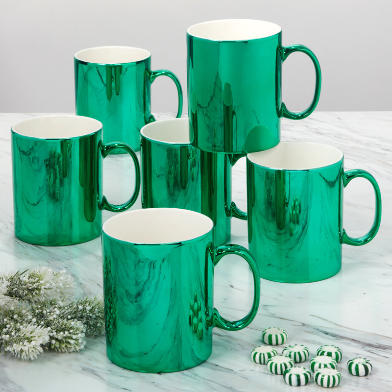 Set of 6 Green Metallic Ceramic Christmas Mugs