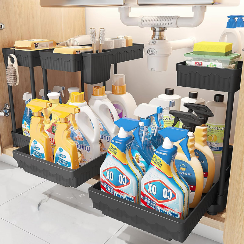 3 Pack Pull Out Under Sink & Under Cabinet Organizers with Hooks Hanging Cup, Black