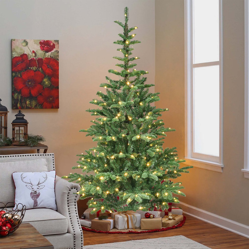 Arbre de Noël artificiel pré-éclairé avec lumières DEL blanc chaud et base en bois unique, 5'