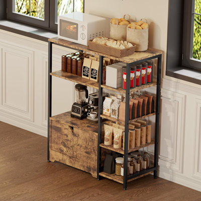 Rustic Brown Mini Coffee Bar Cabinet - Versatile Corner Bookshelf and Buffet Sideboard, Freestanding Storage Rack with Doors, Metal Frame for Kitchen or Office, Brown Color