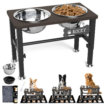 Elevated Dog Bowls with Slow Feeder & Mat for Medium Large Dogs, Adjustable Height, Raised Dog Bowl Stand with 2 Stainless Steel 58oz Bowls, Tall Dogs Food Water Bowl Wooden & Metal Holder