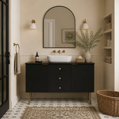 Meuble sous-vasque autoportant de 122 cm (48 po) en contreplaqué avec 3 tiroirs et 2 portes, plateau en pierre frittée, sans lavabo, sans robinet ni couvercle d'évier