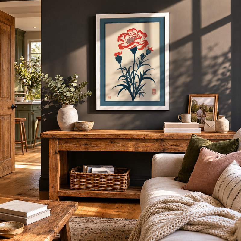 Carnation in Red Botanical - Framed Print, A2 - 59.4 x 42.0 cm, White