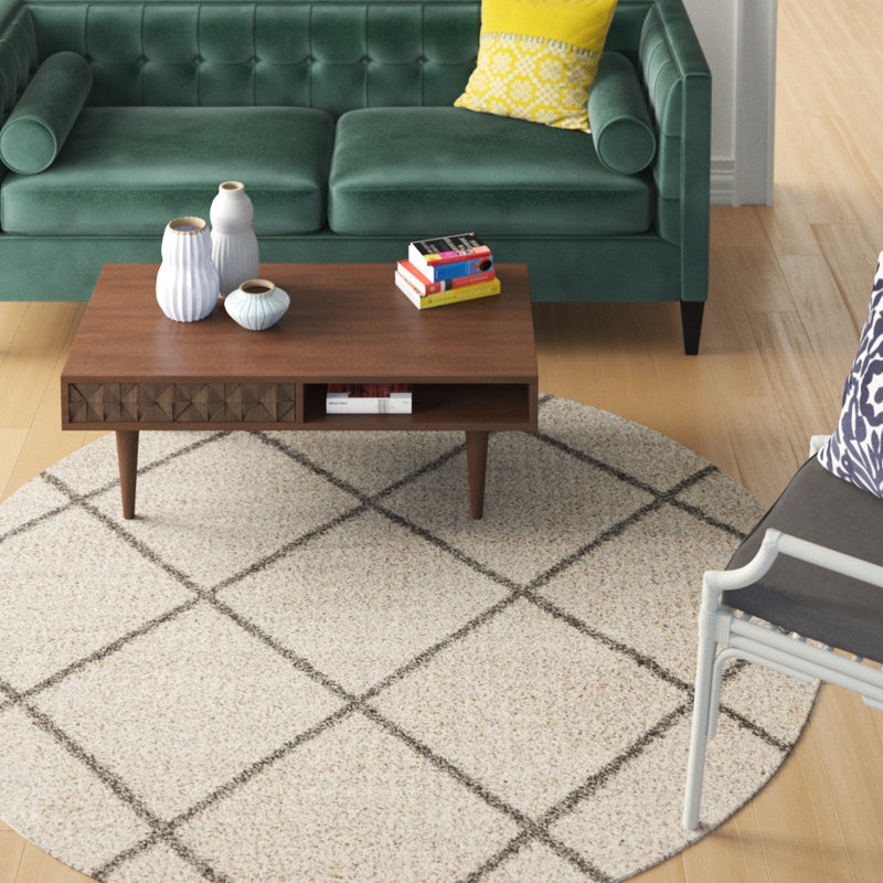 Tapis crème à motif géométrique Secia, Rond 5 pi