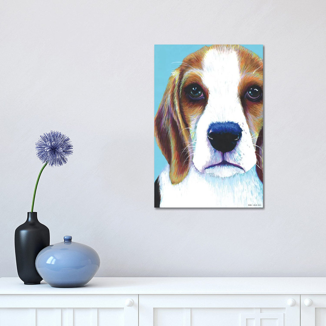 Beagle on Aqua by Kirstin Wood - Wrapped Canvas Art Prints