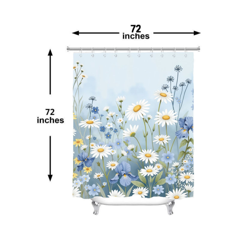 Rideau de bain Pastel Wildflower avec crochets, 72 po x 72 po (180 x 180 cm), bleu